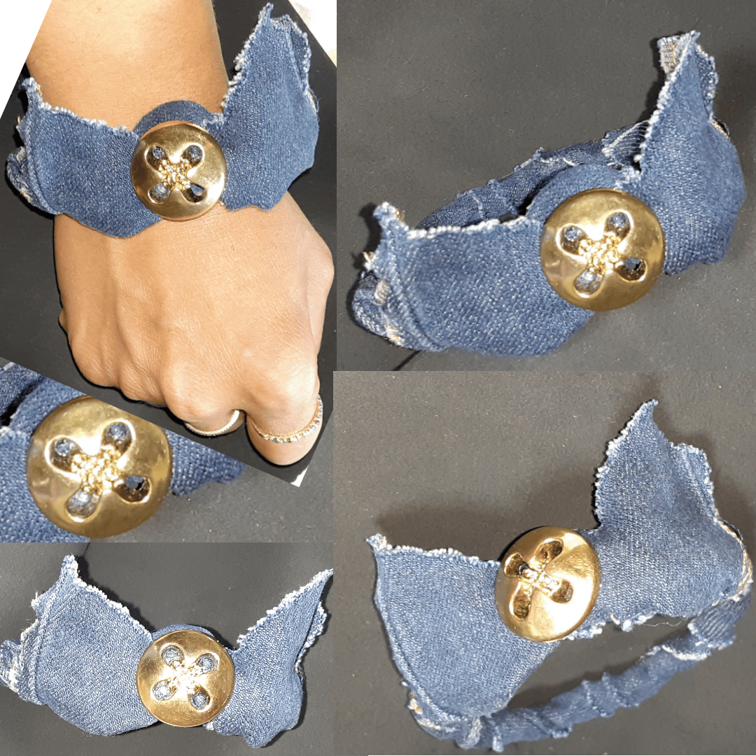 Image of Tasty Raw Edge Denim Button Crown Bangle Bracelet