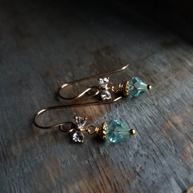 Tiny Aqua Bow Earrings (Gold)