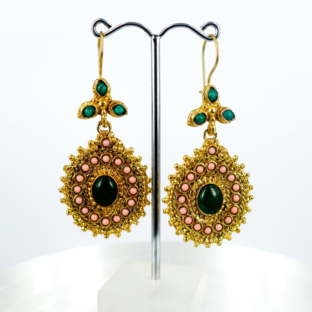 Image of Yellow gold plated and coloured stone Ottoman earrings. M3171