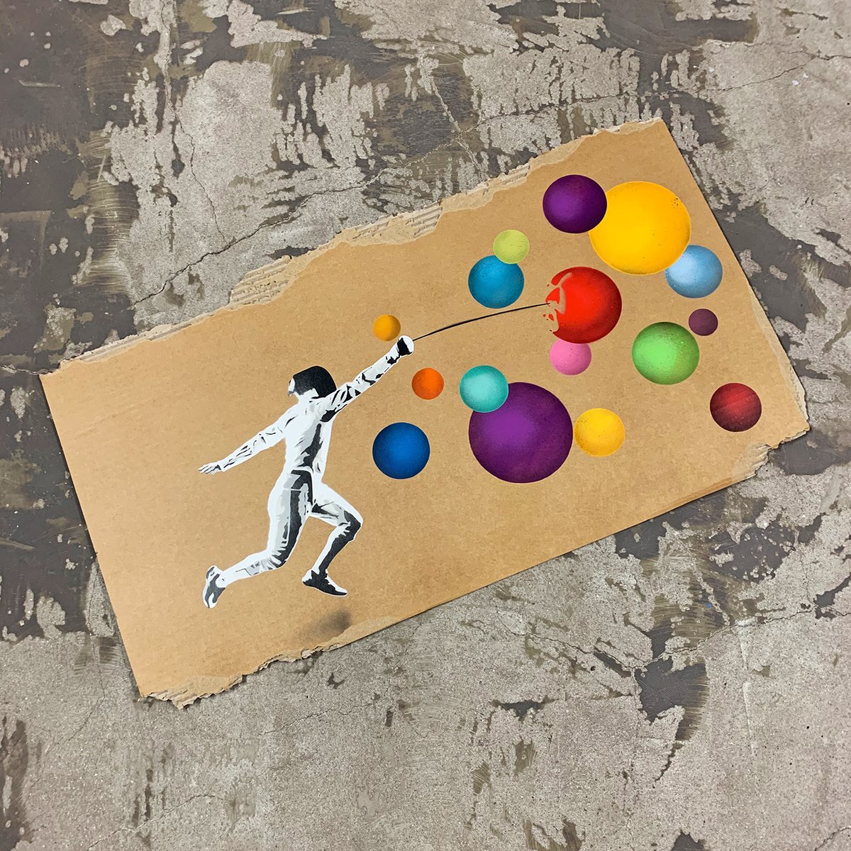 Image of "Fencer vs Bubbles" Original 1/1 Spray on Cardboard
