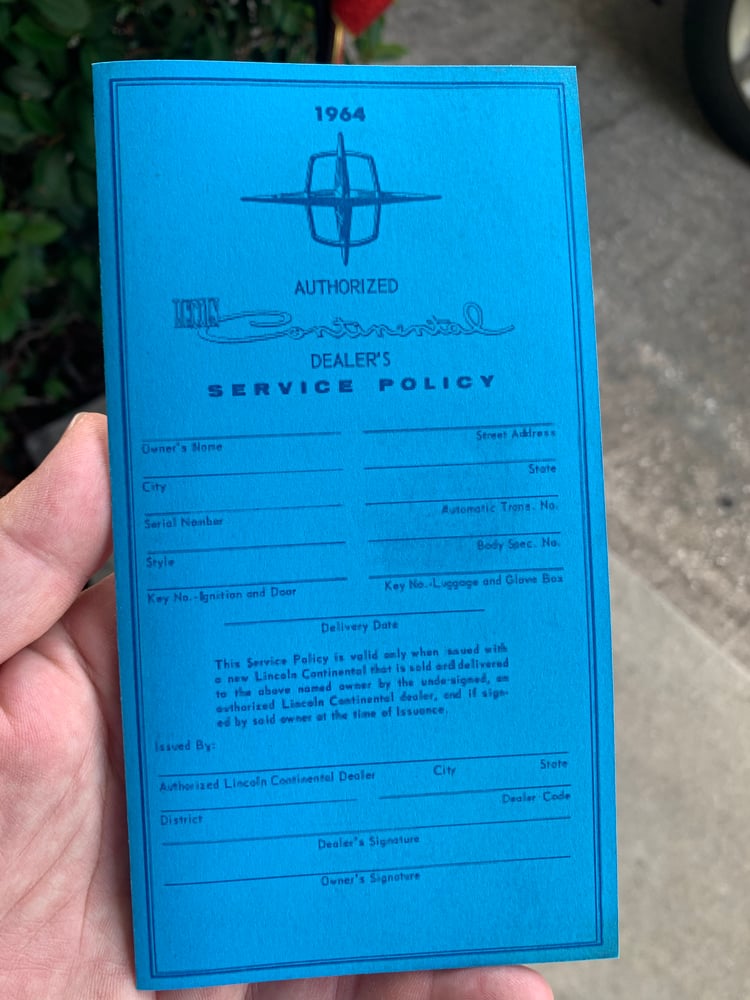 Image of 1964 Lincoln Continental Dealer’s Service Policy Card