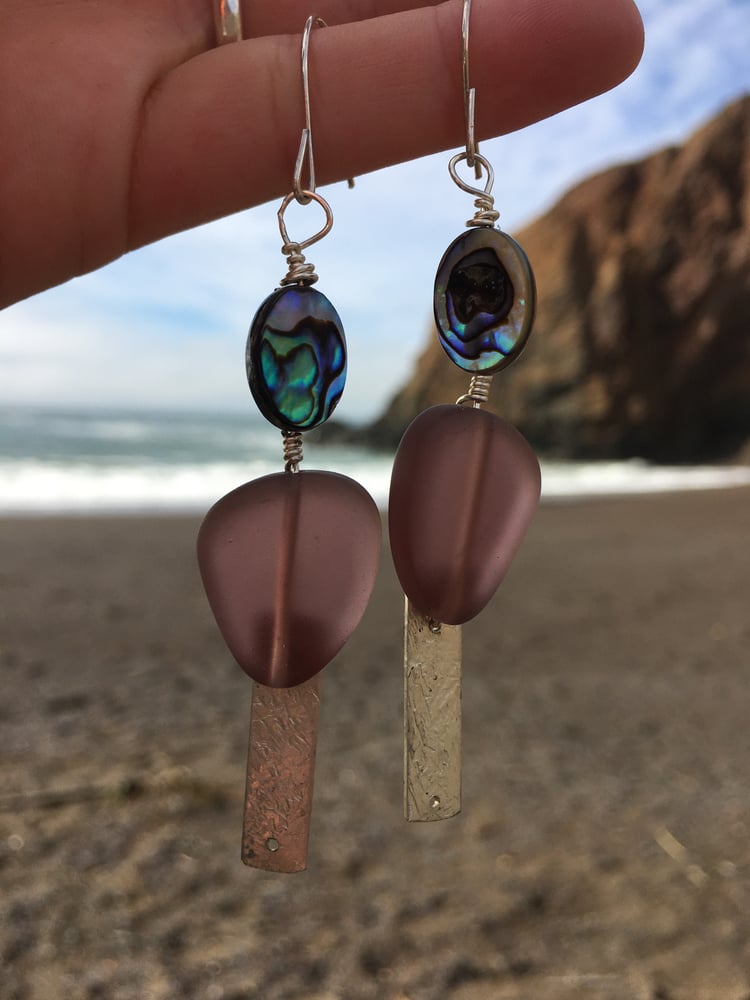 Image of Upcycled Seaglass and Paua Shell Silver Earrings