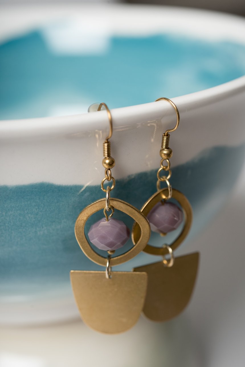 Image of Purple and Brass Half Moon Earrings