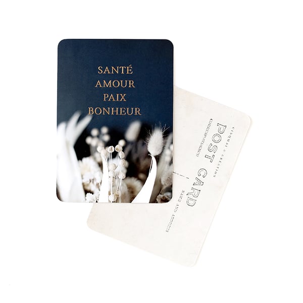 Image of Carte Postale SANTÉ AMOUR PAIX BONHEUR / DORÉ / BRINDILLE BLEU