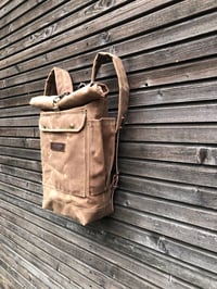 Image 2 of Waxed canvas rucksack / waterproof backpack with roll up top and double waxed bottom