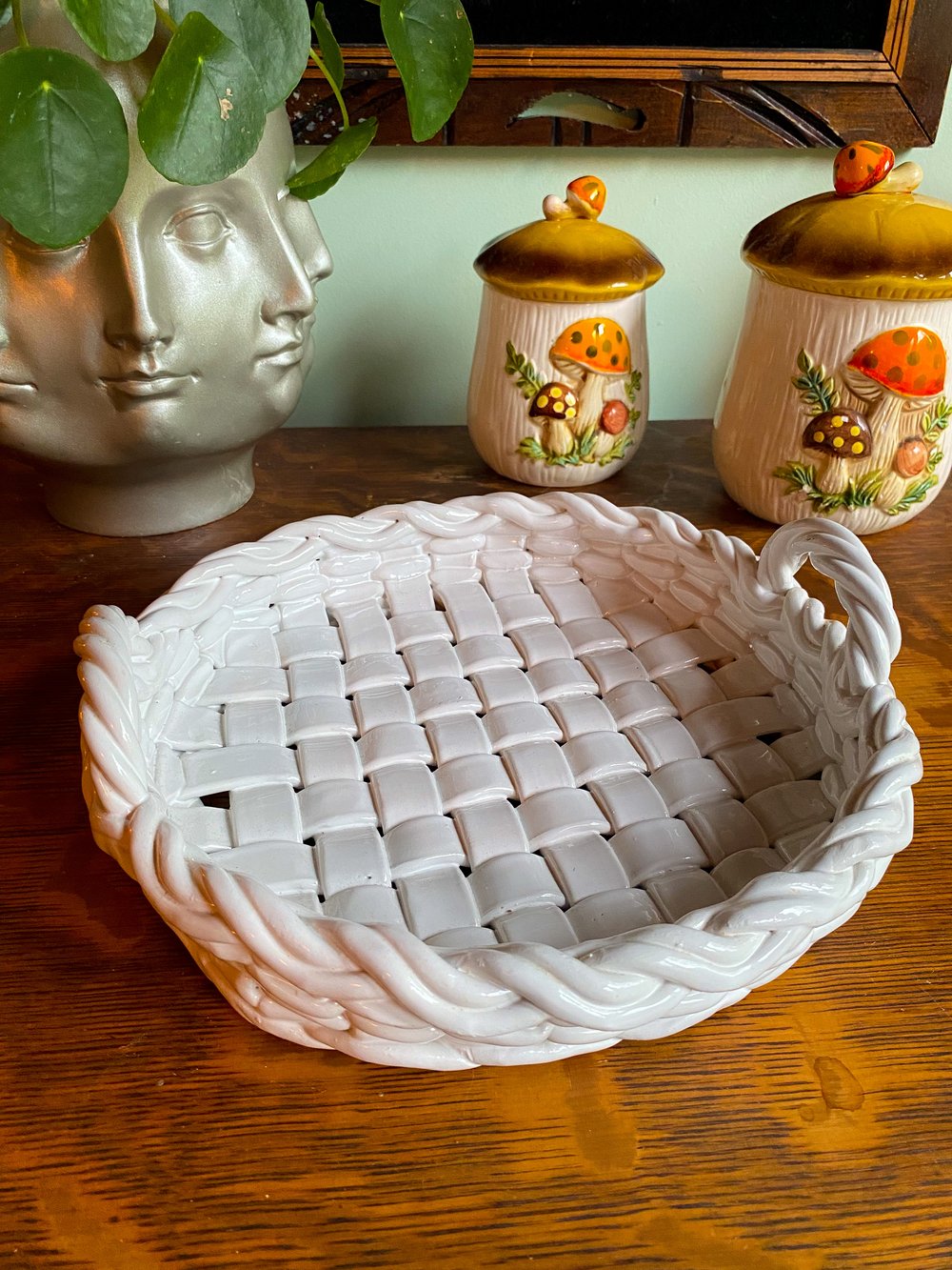 Ceramiche Castellan White Woven Ceramic Fruit Basket 2 Handle / Made in ...