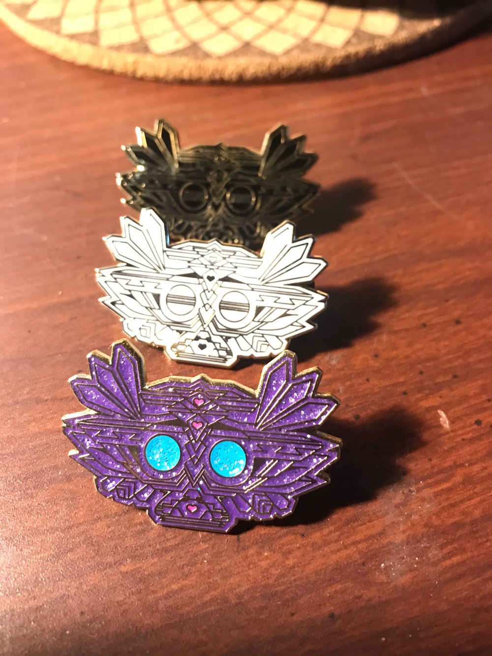 Image of Owl Pin - 3 options (gold on glitter purple, gold on white,  gold on black)
