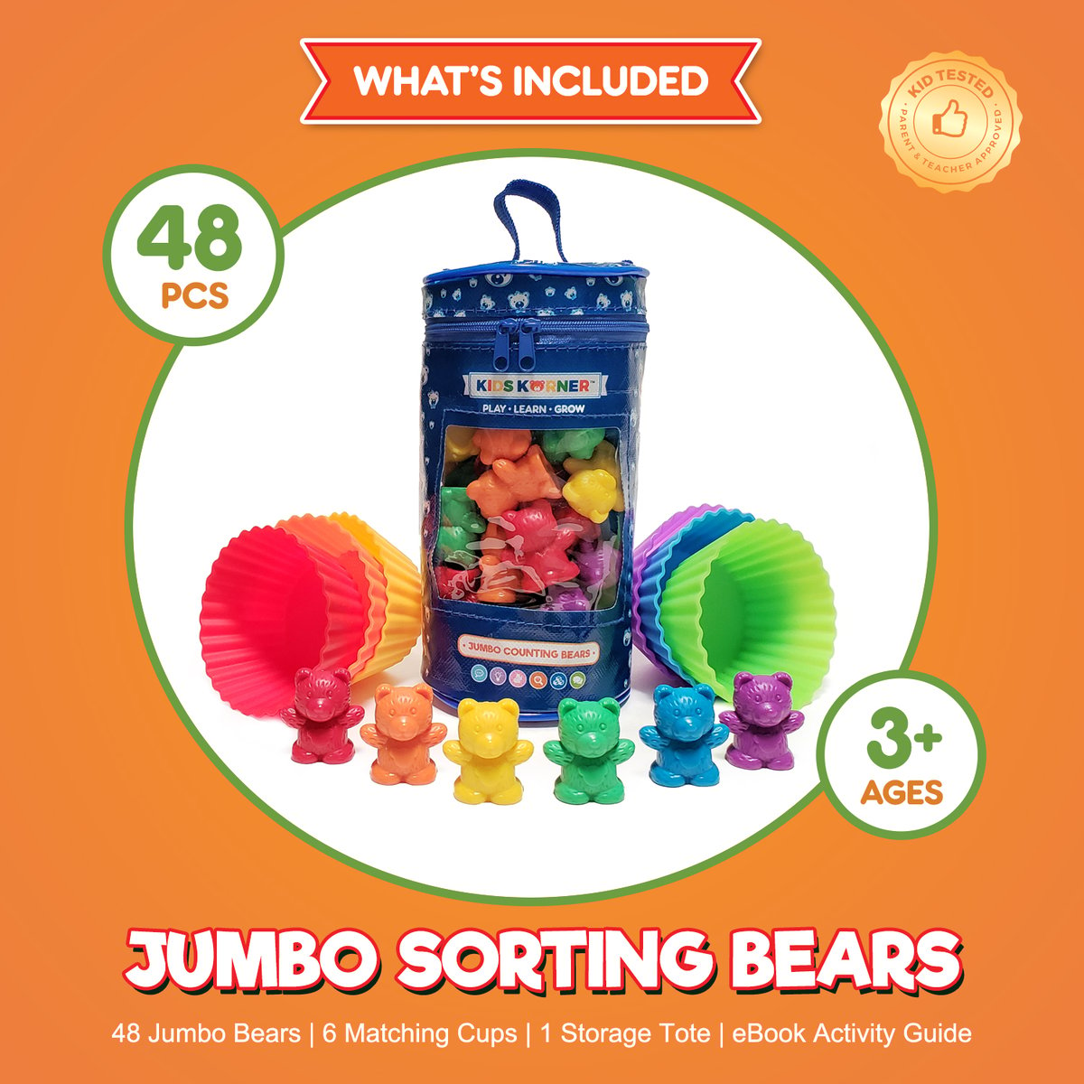Pint-Size Scholars Colorful Counting Bear Cubs & Jumbo Rainbow Tweezers - Includes Bucket of 125+ Bears and 6 Pairs of Tweezers - Great for Early C