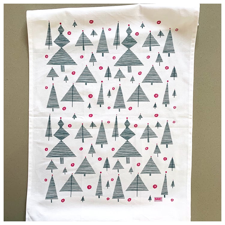 Image of Evergreen Trees and Baubles Kitchen Tea Towel
