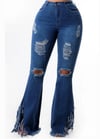 PLUS SIZE HIGH WAIST STRETCH DESTROYED FLARE JEANS W/FRINGED SIDE HEM