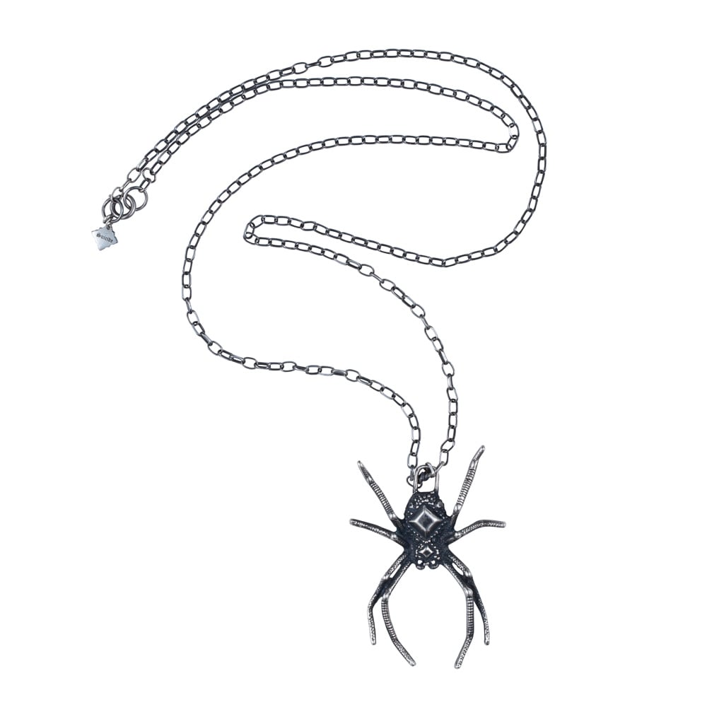 Image of Large Spider Sterling Silver and Black Diamonds Eyes Pendant on Chain.