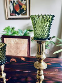Image 3 of A pair of vintage brass Candlestands. Tall and medium. Paired with vintage votives.