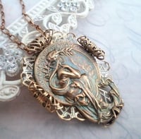Image 1 of Mucha Necklace, Art Nouveau Alphonse Mucha Poetry Lady Vintage Style Jewelry in Brass with Filigree 
