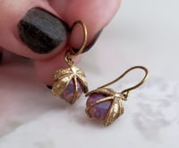 Image 2 of Fire Opal dragonfly earrings, Petite Art Deco milky glass opal earrings