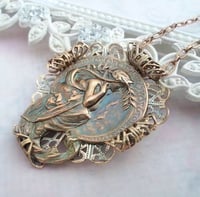 Image 2 of Mucha Necklace, Art Nouveau Alphonse Mucha Poetry Lady Vintage Style Jewelry in Brass with Filigree