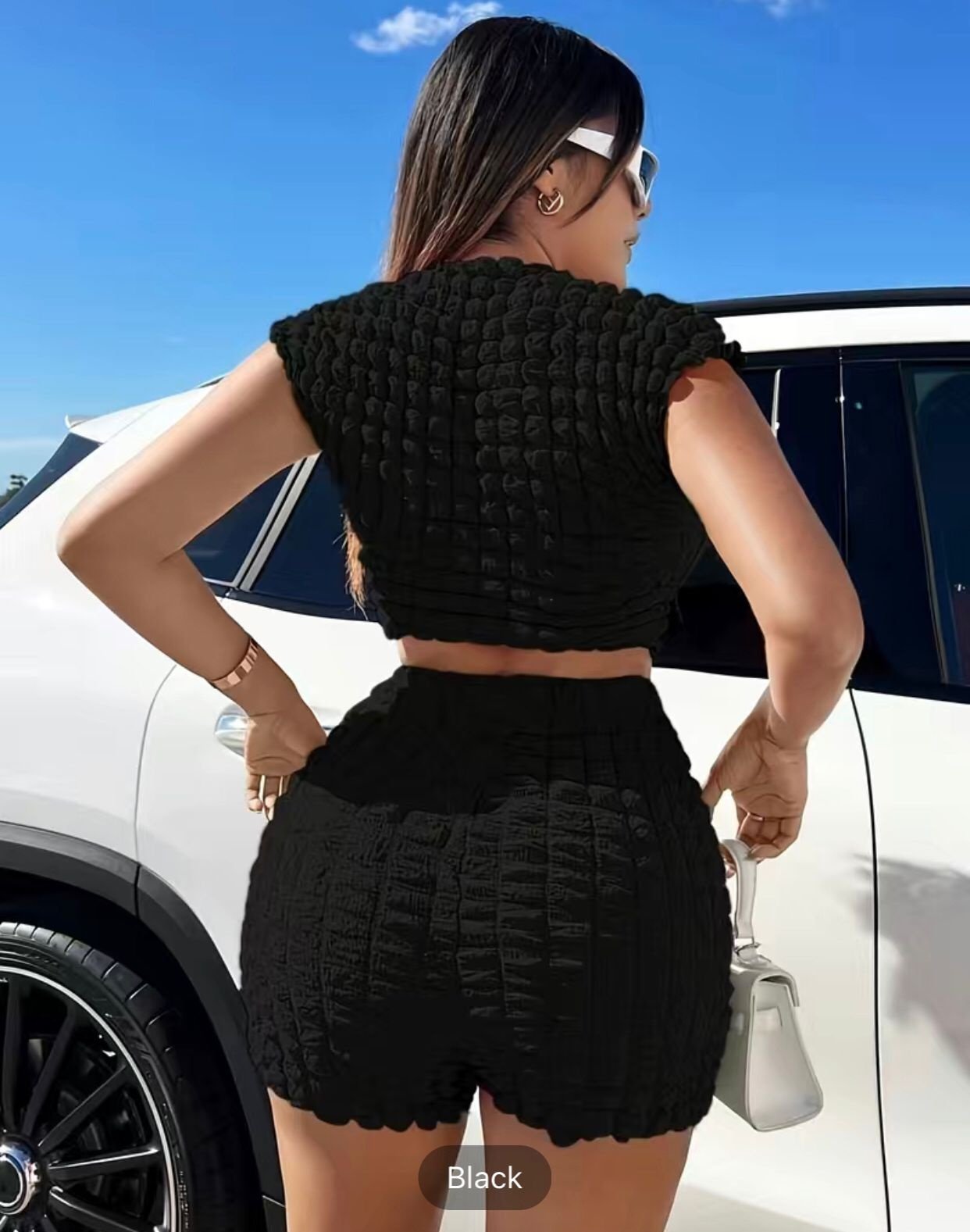 Image of Summer Solid Popcorn Set Outfits Women Clothing 