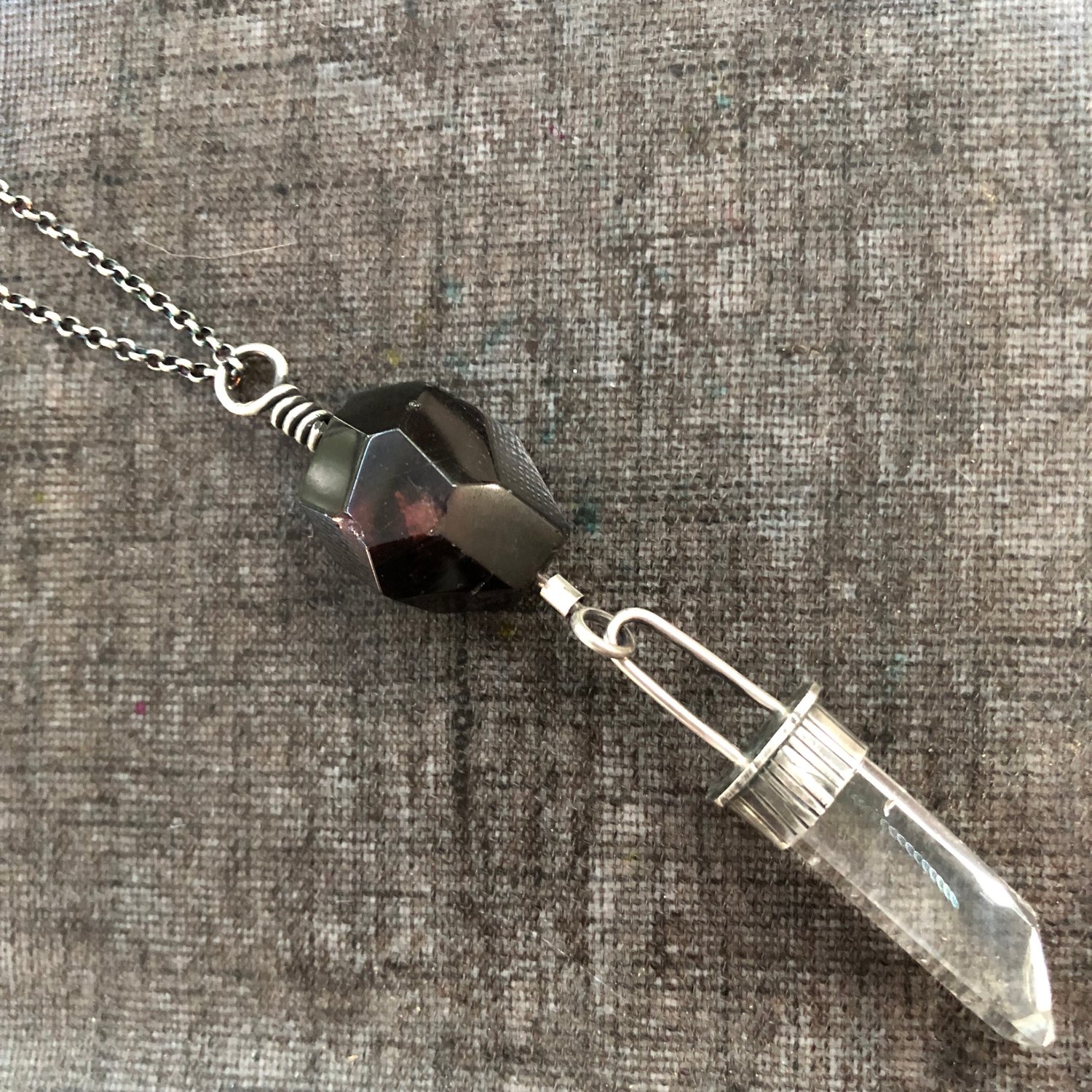 Image of Large Faceted Garnet Bead with Clear Quartz Crystal Point Necklace