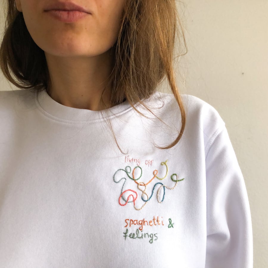 Image of Spaghetti and feelings - hand embroidered organic cotton sweatshirt, Unisex, available in ALL sizes