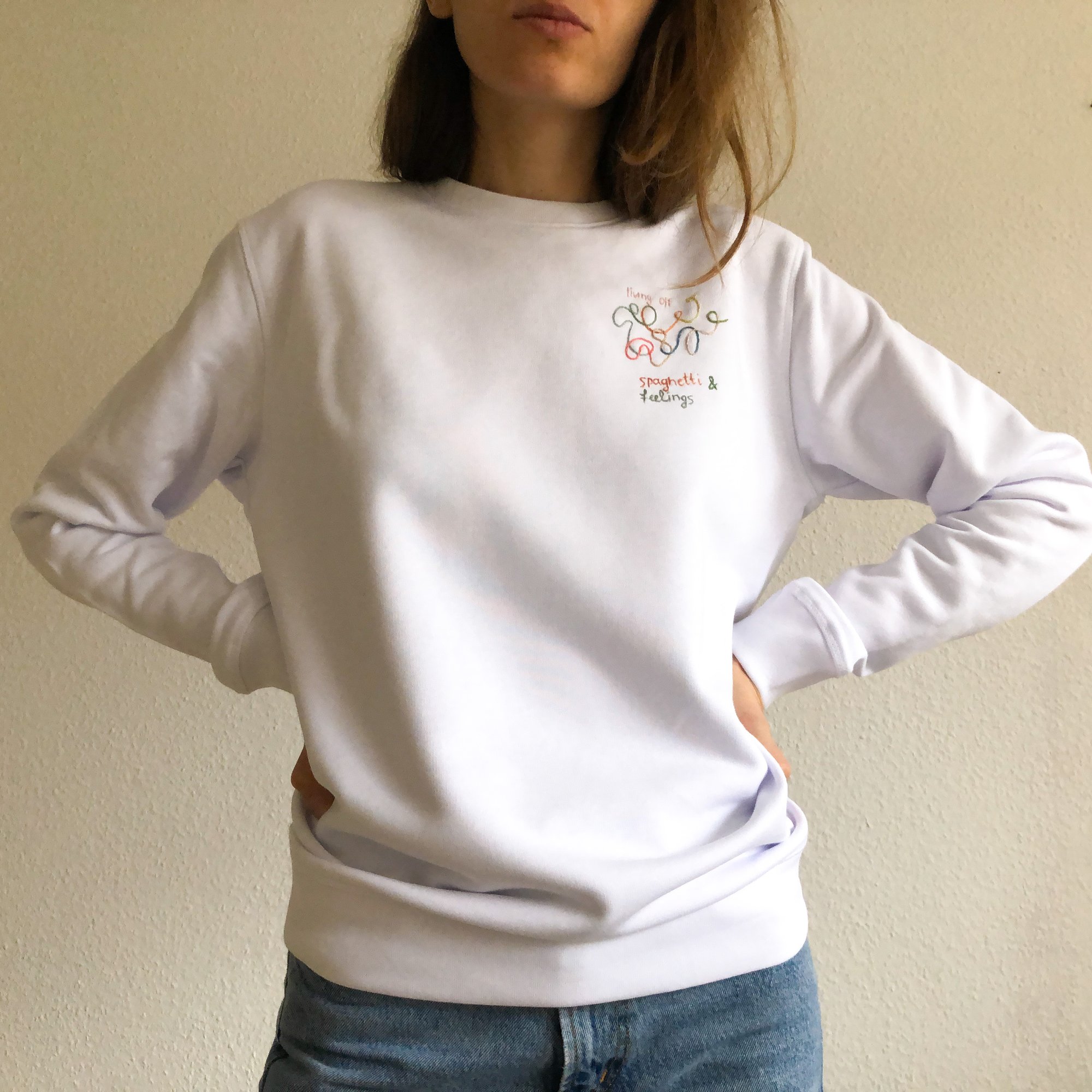 Spaghetti and feelings - hand embroidered organic cotton sweatshirt ...