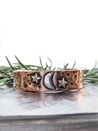 Image 1 of Moon & Stars textured recycled copper small cuff bangle