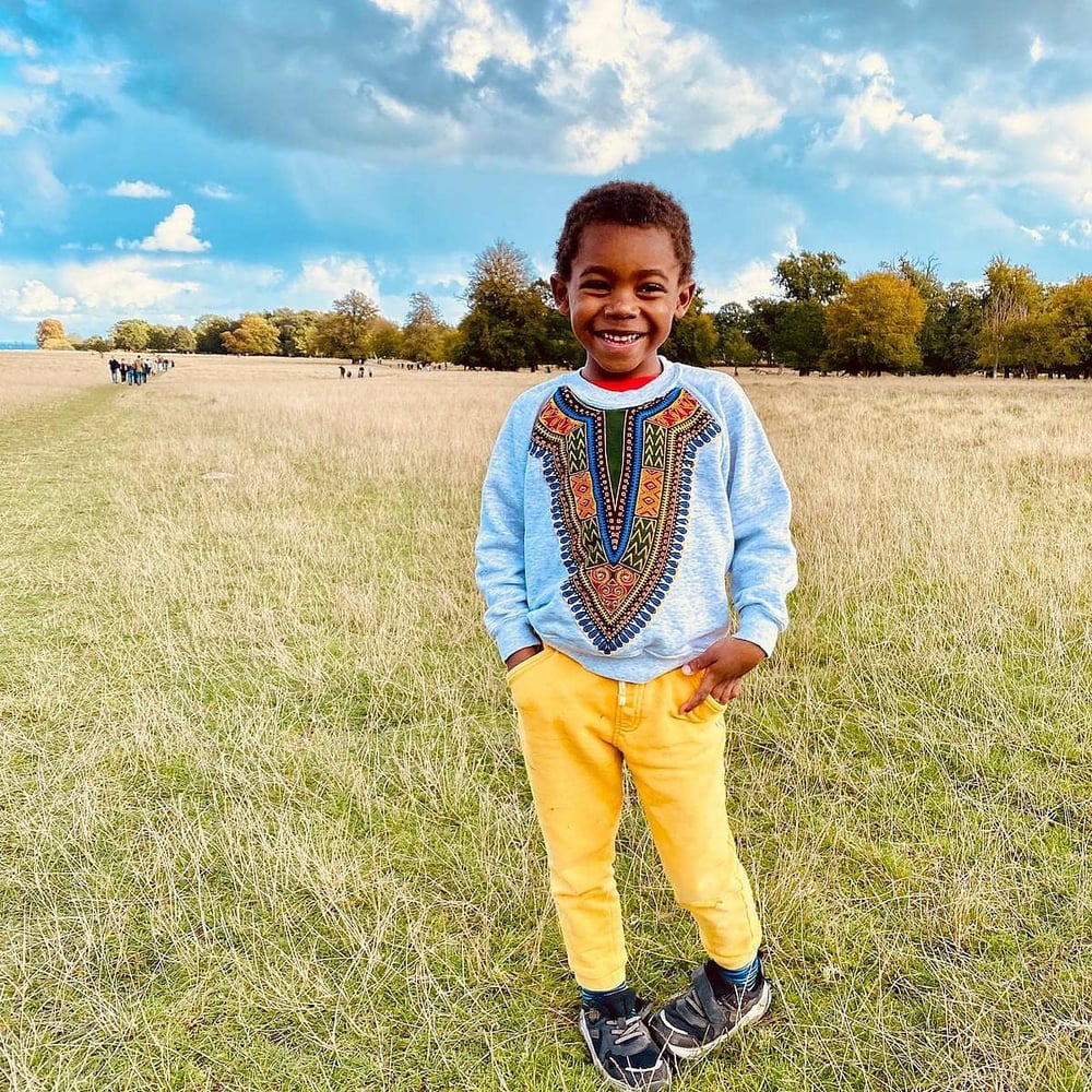 Image of Kids grey sweatshirt with dashiki print, gray kids sweater, kids jumper