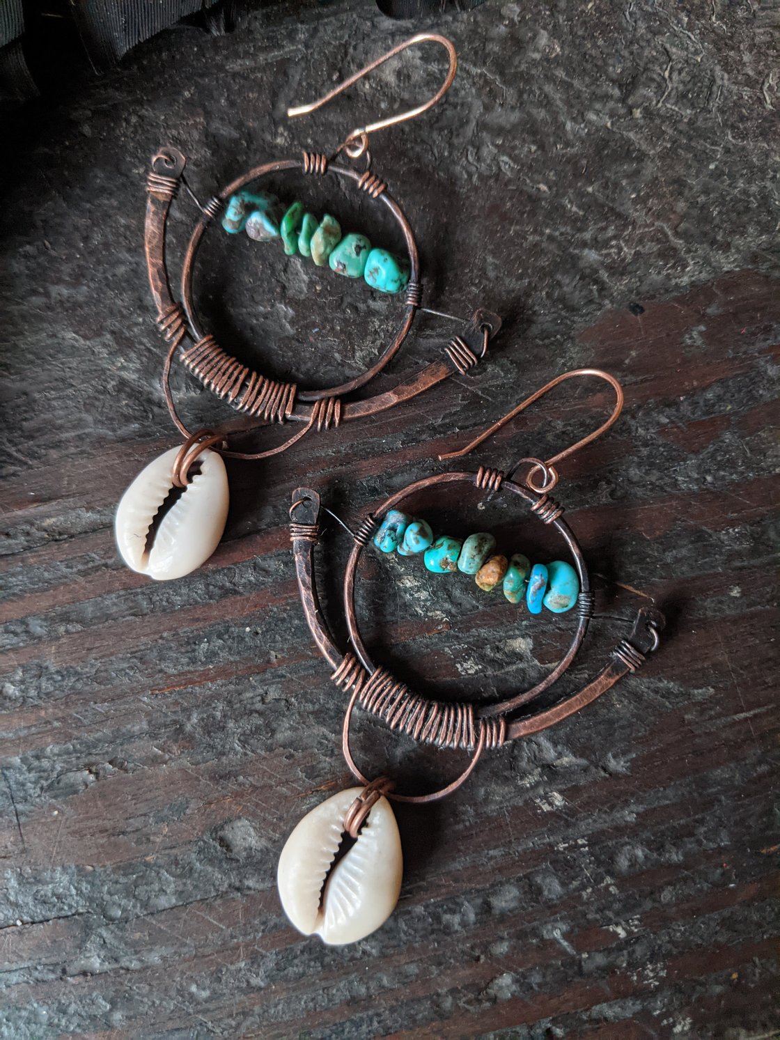 Image of Turquoise And Cowrie Shell Fan Earrings