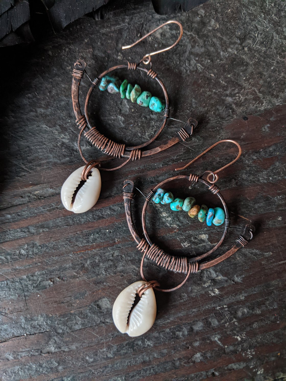Image of Turquoise And Cowrie Shell Fan Earrings