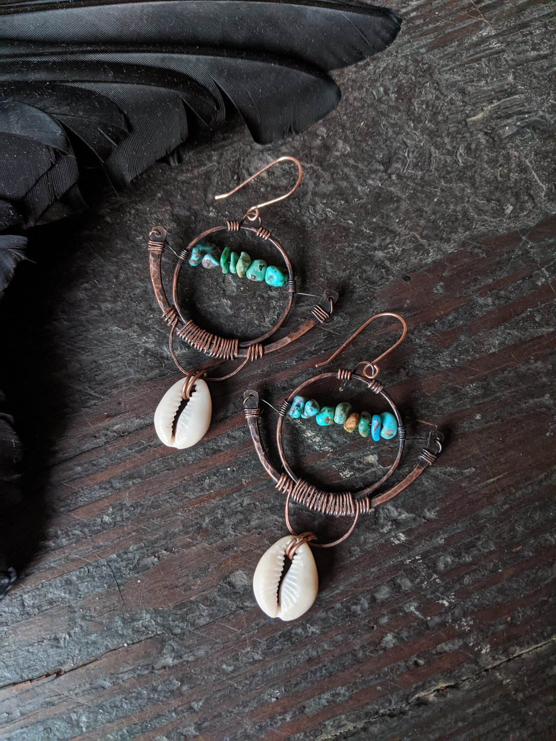 Image of Turquoise And Cowrie Shell Fan Earrings