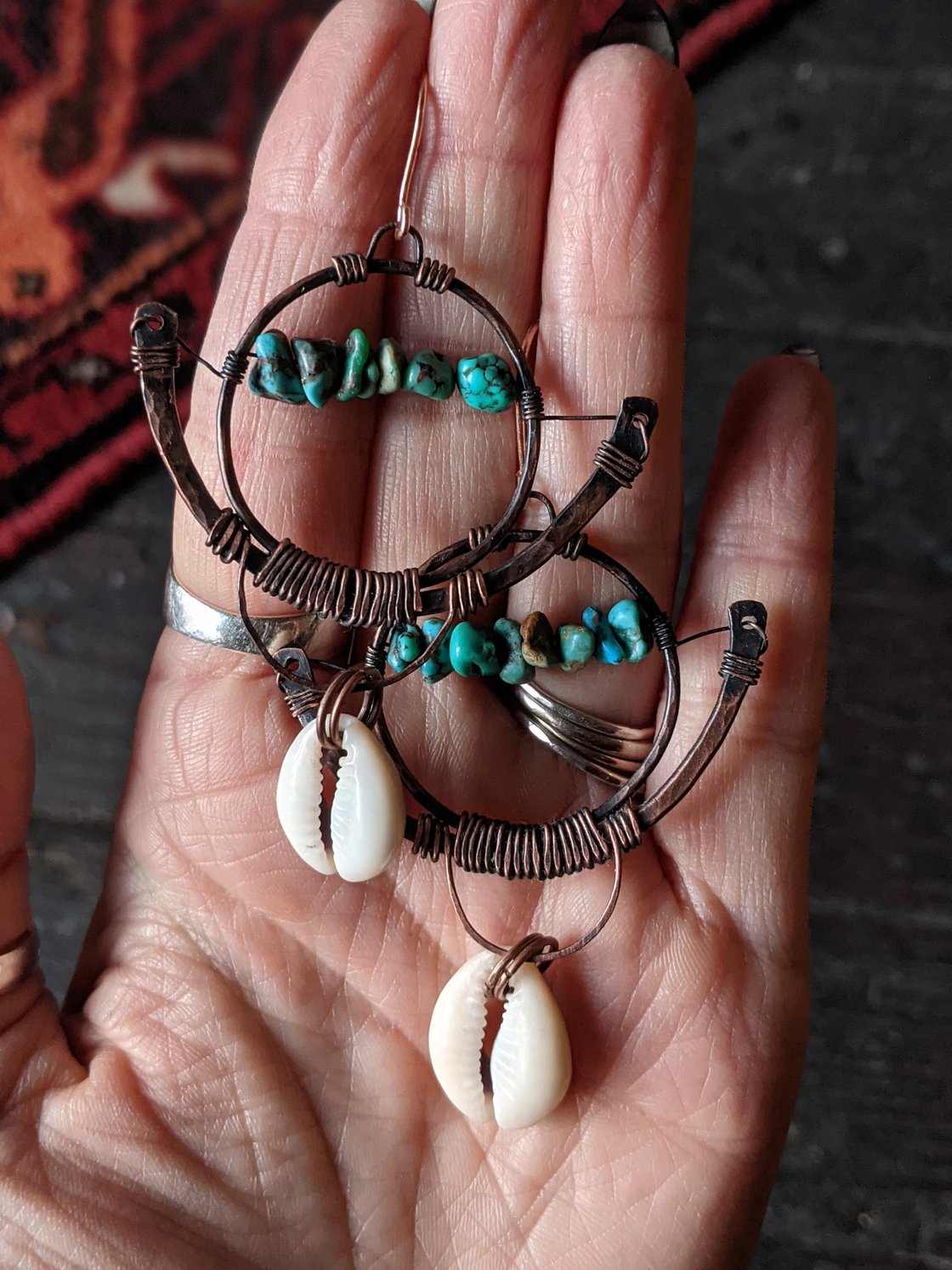 Image of Turquoise And Cowrie Shell Fan Earrings