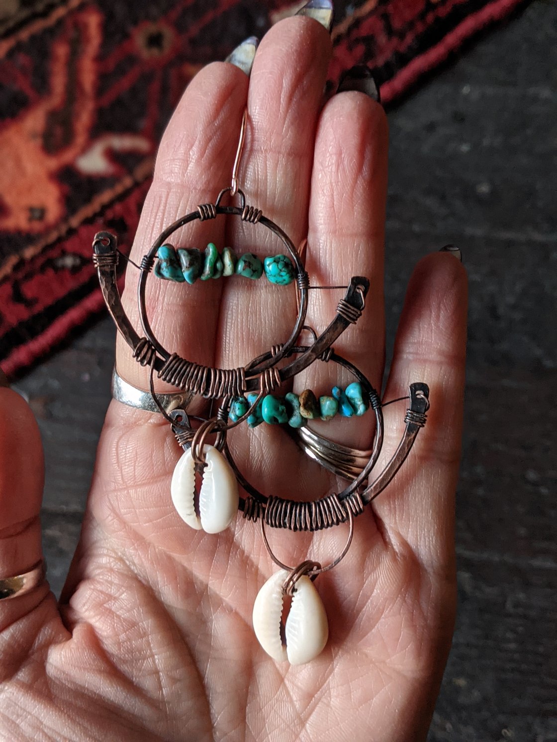 Image of Turquoise And Cowrie Shell Fan Earrings