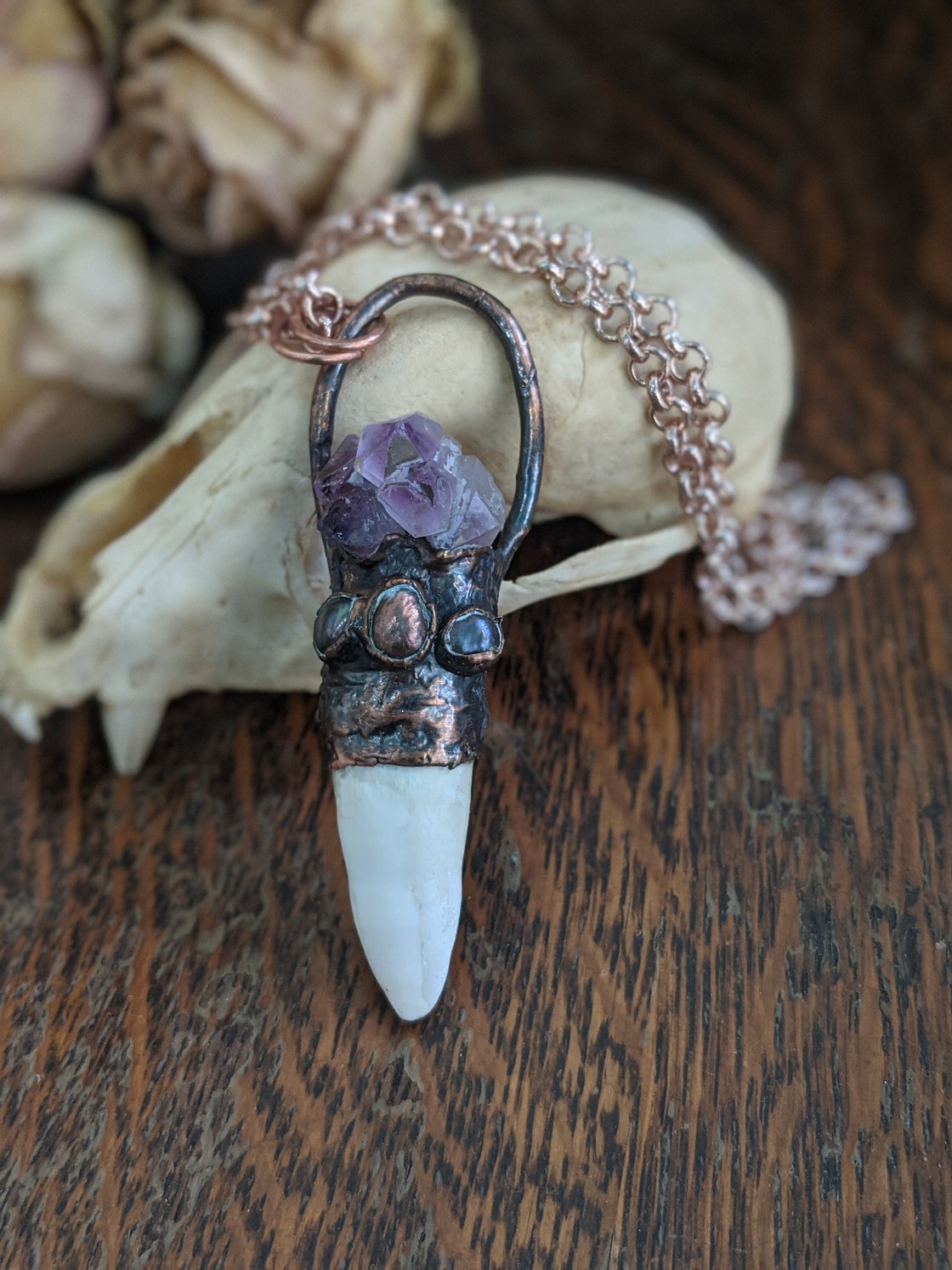 Image of Alligator Tooth And Amethyst Electroformed Talisman
