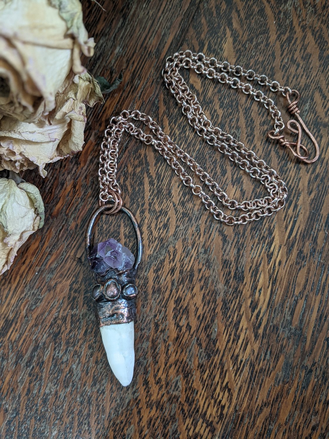 Image of Alligator Tooth And Amethyst Electroformed Talisman