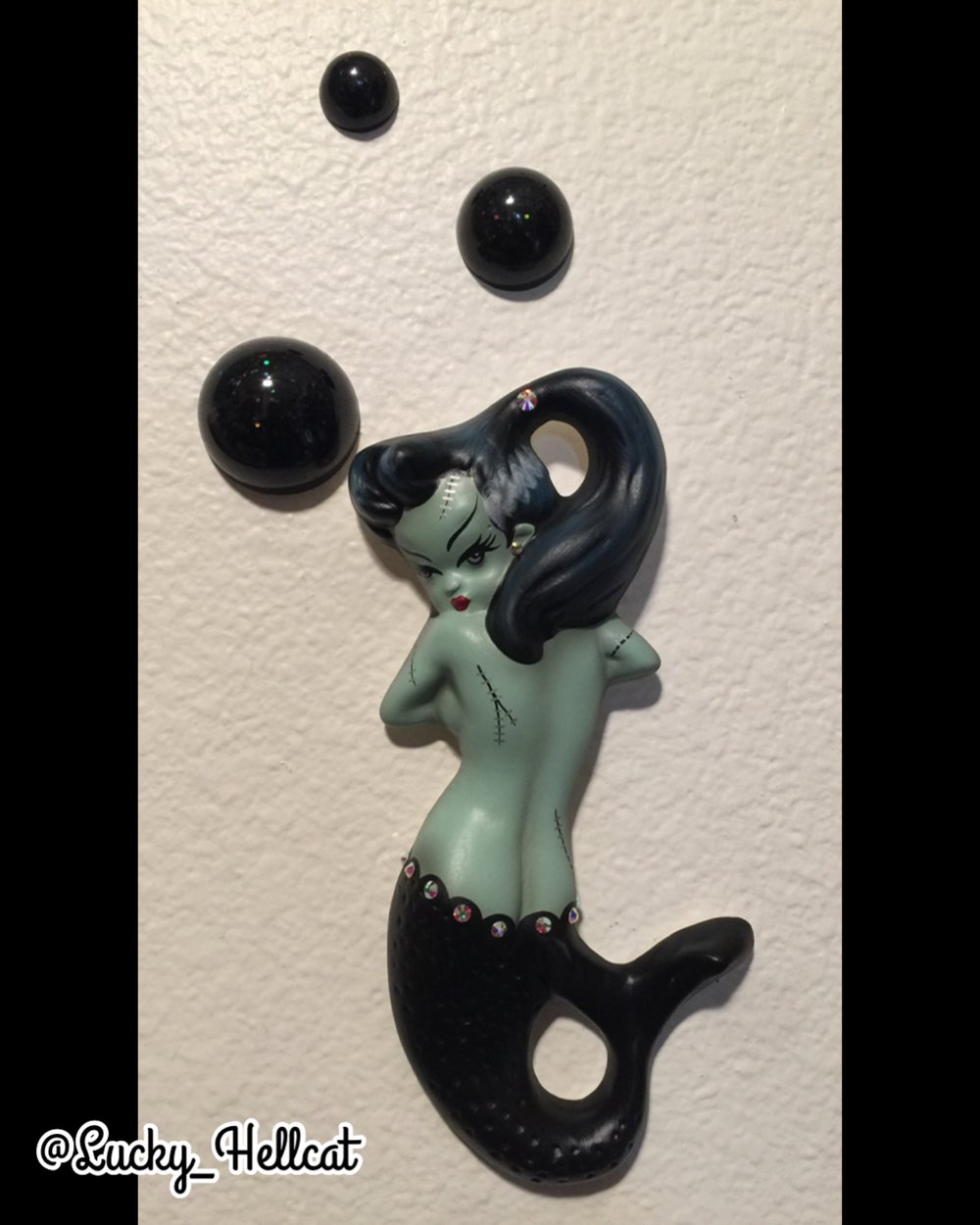 Long Ponytail Frankenstein Wall Mermaid with Resin Glitter Bubbles