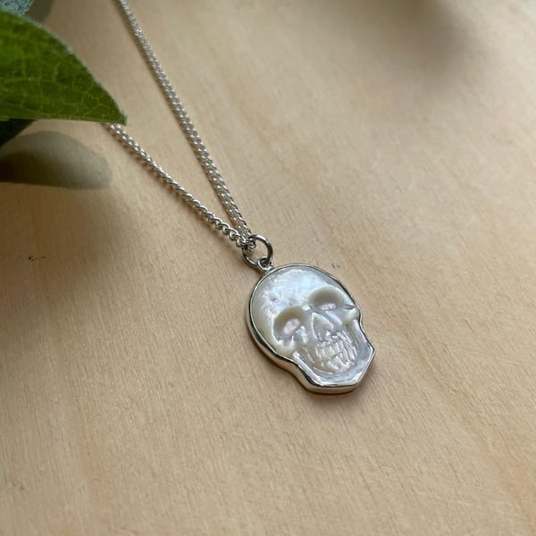 Image of Hand Carved Mother of Pearl Skull 925 Sterling Silver Pendant Necklace 