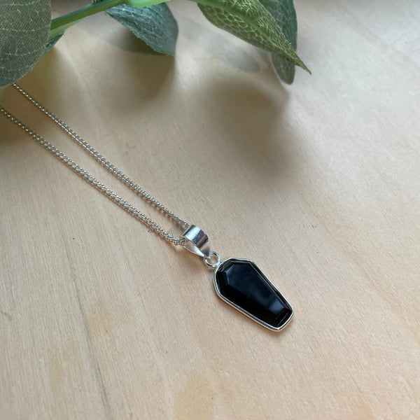 Image of Casket Black Onyx 925 Sterling Silver Coffin Necklace 