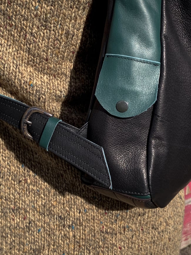 BsD Backpack Black Leather with leather remnant collage