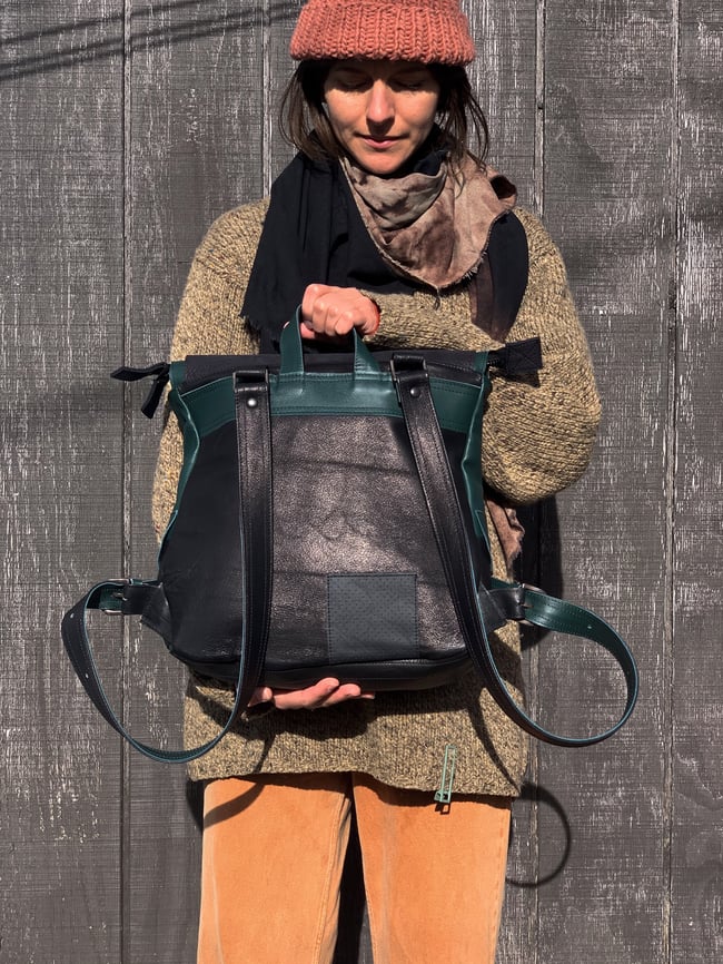 BsD Backpack Black Leather with leather remnant collage