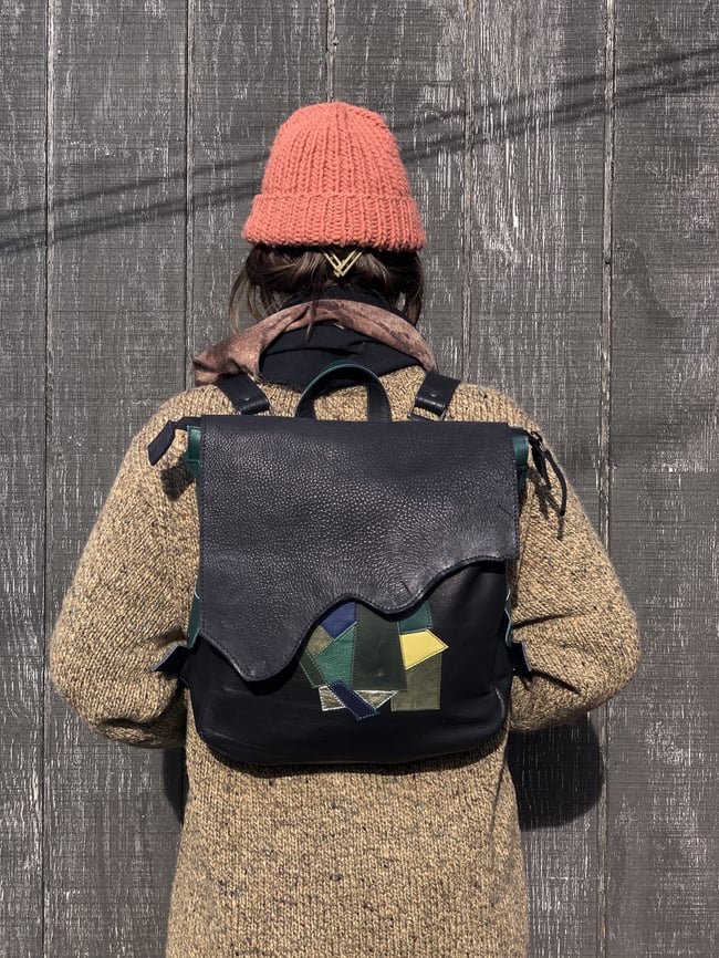 BsD Backpack Black Leather with leather remnant collage