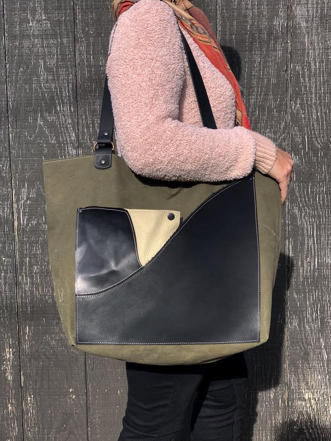 Waxed Army Green Canvas & Black Leather with Camo Interior Tote bag