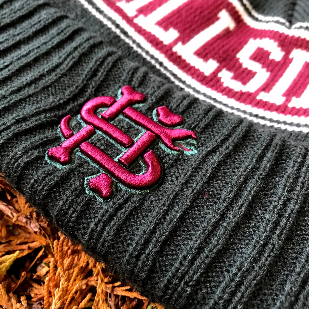 Image of Varsity Beanie : Crimson / Forest Green / White