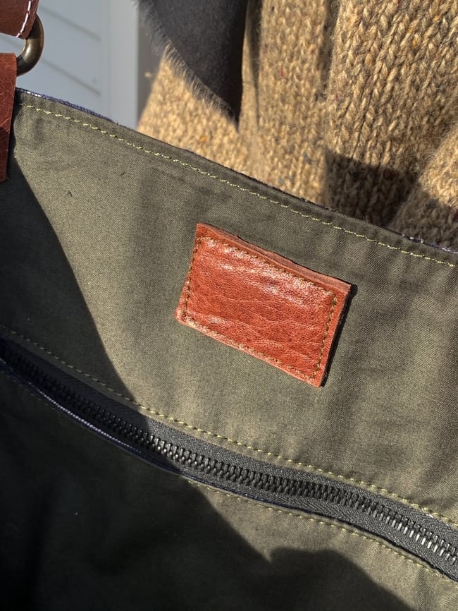 Reclaimed Southwest-inspired Textile and Chestnut Brown Leather Totebag