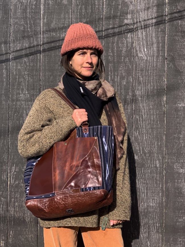 Reclaimed Southwest-inspired Textile and Chestnut Brown Leather Totebag