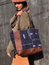 Reclaimed Southwest-inspired Textile and Chestnut Brown Leather Totebag