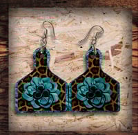 Image 2 of Turquoise and Leopard Cattle Tag Earrings 