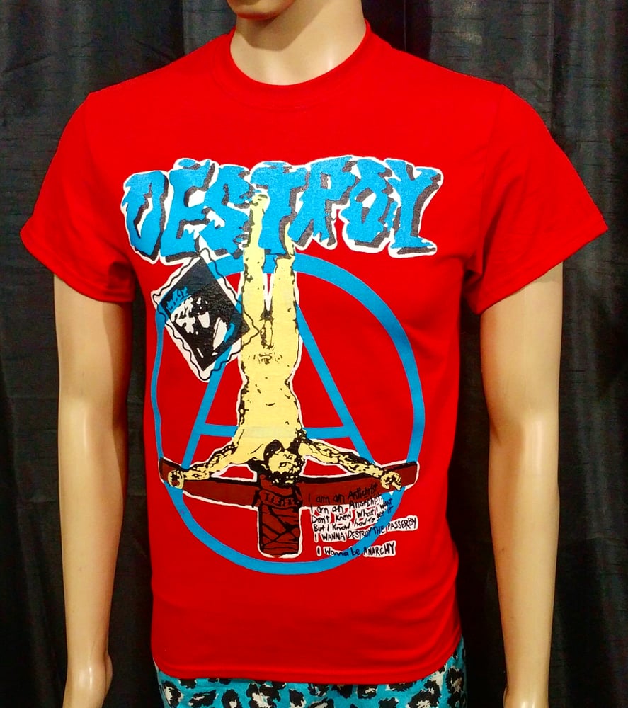 Image of Destroy crucified jesus anarchist full color on red tshirt
