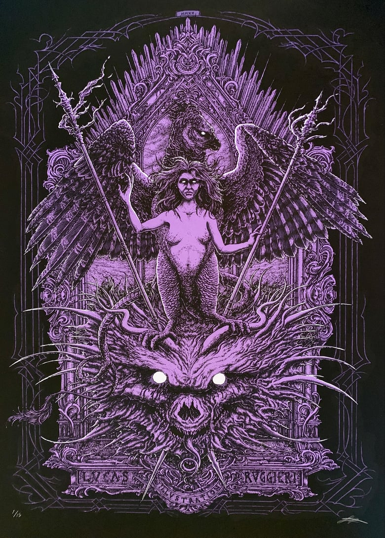 Image of “THE HARPY” screen print - purple/white variant.
