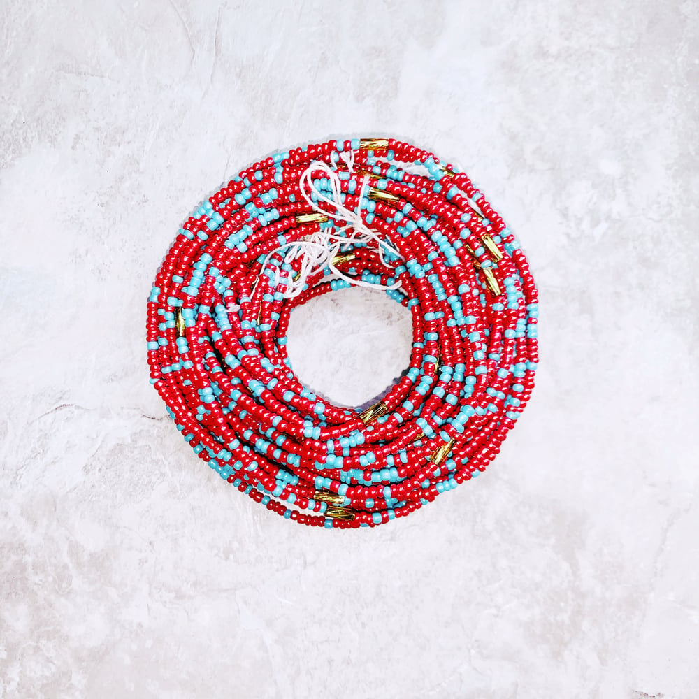 Image of Red, Blue, and Gold XL Tie Waist bead 