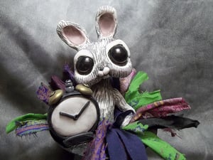 Image of Tick Tock White Rabbit in a top hat polymer clay sculpture "Tikky Tikky Savy"