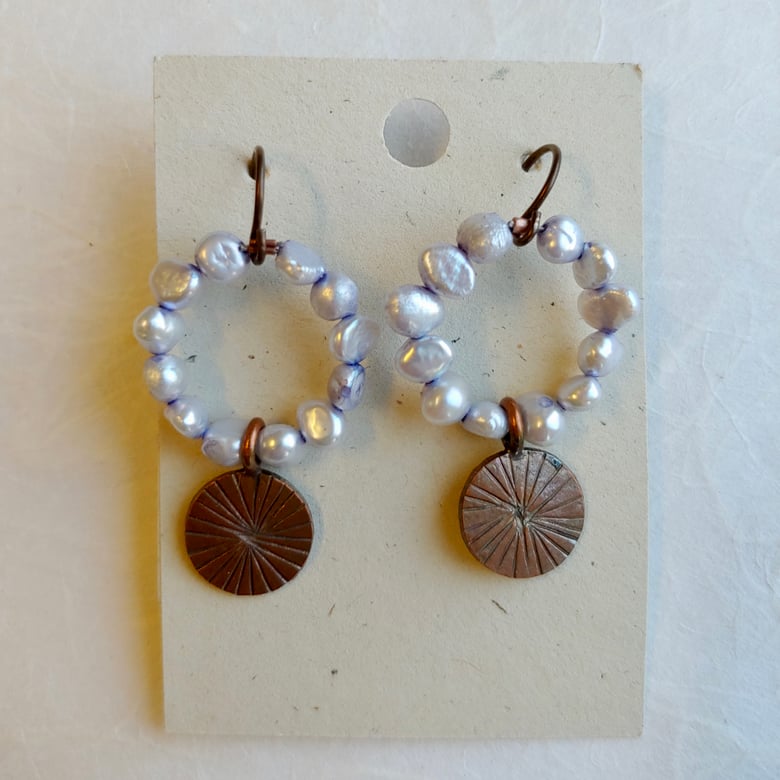 Image of Pale Blue Pearl and Copper earrings