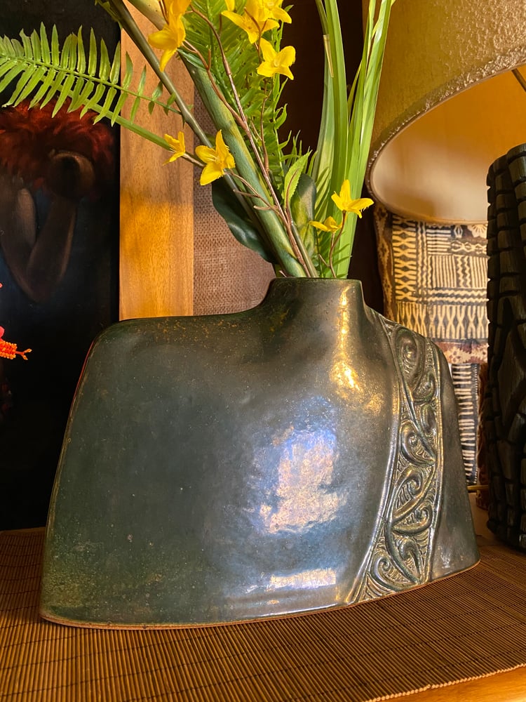 Image of 2016 Handbuilt Modern Bust Vase w. Maori Hammerhead Koru Design